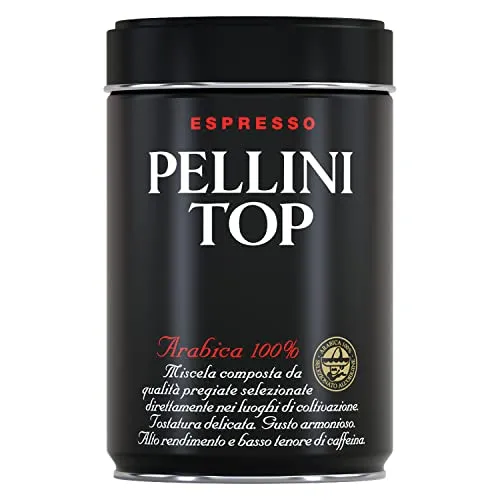 Pellini Kaffee Top 100% Arabica, Gemahlener Kaffee für die Kaffeemaschine mit Intensivem und Umhüllendem Aroma, 100% Arabica-Mischung, Zarte Röstung, 250g-Packung