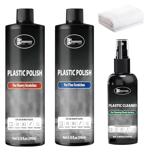 INNOVAYOU Kunststoff Politur 400g Und Reiniger 100ml, Profi Poliertuch, Autopolitur Kratzer Entfernen Entfernt Kratzer und Schrammen, Ultrafeiner Kratzerentferner für Kunststoff- und Acryloberflächen
