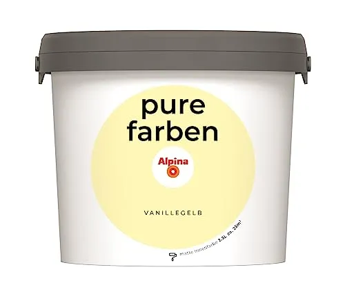 Alpina pure farben Wandfarbe Vanillegelb – Strapazierfähige Innenfarbe - Farben: Ergiebige 2,5 Liter Wandfarbe, emissionsarm und geruchsneutral für ein optimales Raumklima, ideal für nachhaltige Renovierungen.