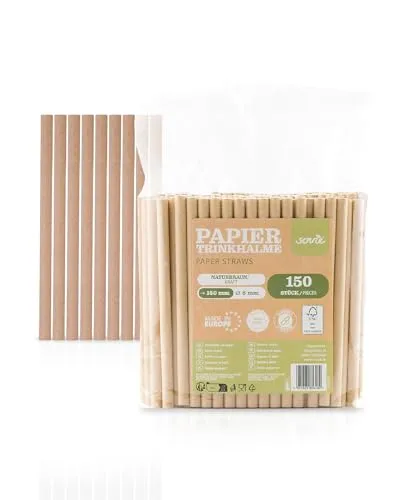 Mank Umweltfreundliche Papiertrinkhalme, Pappstrohhalme für Partys & Hochzeiten, in recycelbarem Folienbeutel, Strohhalme | (150, Naturbraun, Ø 8 mm / 15 cm)
