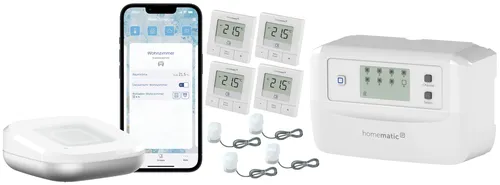 HOMEMATIC IP Starterset Fußbodenheizung für 4 Räume – Intelligente Heizungssteuerung - Optimieren Sie Ihre Fußbodenheizung mit dem Homematic IP Starterset! Bequeme Steuerung über die App, präzise Temperaturregelung und individuelle Anpassung für mehr Komfort und Energieeffizienz.