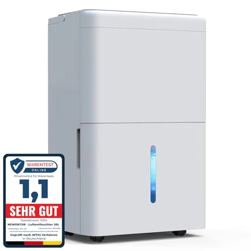 Newentor 20L Luftentfeuchter Elektrisch Keller 39dB, Entfeuchter Elektrisch Keller mit Ablaufschlauch 1,5m, Raumentfeuchter Elektrisch 50m2/150m3, 10 J. Gar., Filter, Timer