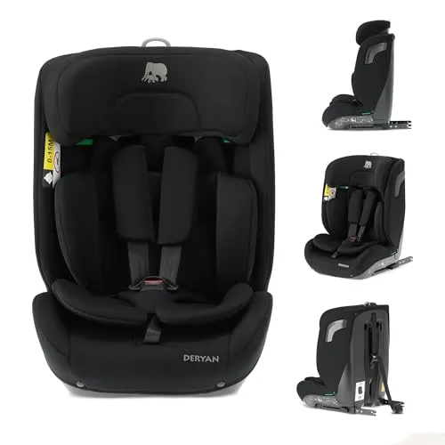 Deryan Carter i-Size Kindersitz, Mit ISOFIX, 75–150 cm – Gruppe 1/2/3, Autokindersitz mit Gurtbefestigung, Seitenaufprallschutz, Verstellbare Kopfstütze, Abnehmbarer Bezug, 1,5 bis 12 Jahre - Schwarz
