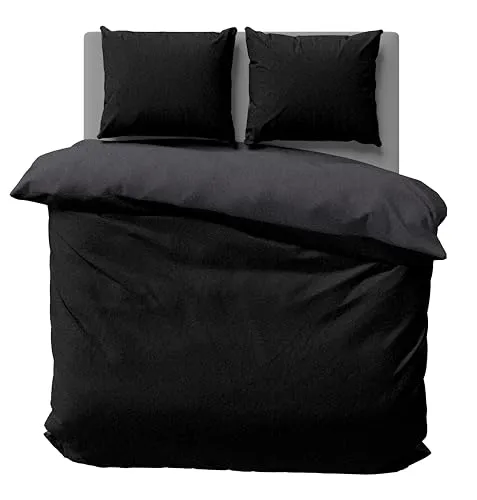 one-home Winter Bettwäsche Doubleface Uni Wende kuschelig flauschig warm weich Fleece, Größe:3 teilig 200x220 cm, Farbe:schwarz/anthrazit