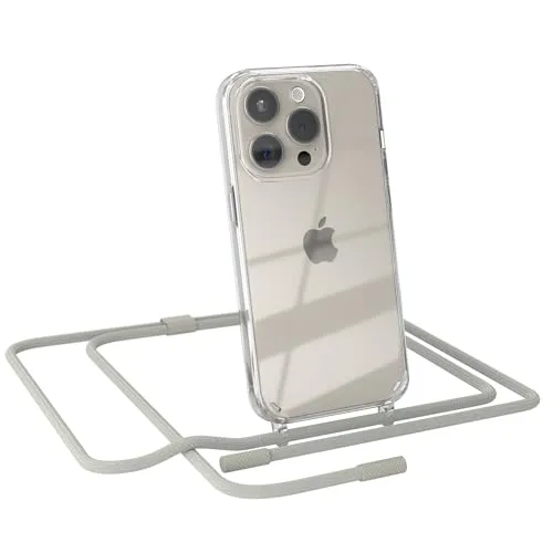 EAZY CASE - Handykette kompatibel mit iPhone 15 Pro - dünne Handyhülle für iPhone 15 Pro Hülle mit Band als Fallschutz Kette zum Umhängen transparente Hülle Silikon in Taupe