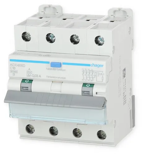 Hager FI-LS 4P 10KA C-16A 30MA A (ADX466D) - Fehlerstrom-Leitungsschutzschalter für 400 V Drehstromkreise, mit einfacher Einzelentnahme und VDE-Zeichen