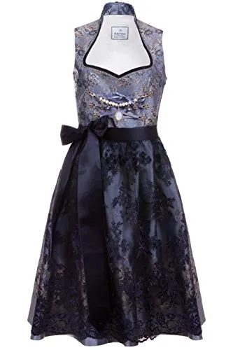 Edelnice Trachtenmode Exklusives Designer Stehkragen Midi Dirndl Adriana - Elegantes Dirndl für Damen in Gr. 32-54, aus edlem Brokatstoff mit romantischen Rosen und Schmetterlingen, inklusive Spitzen Dirndlschürze und Charivari für einen luxuriösen Auftritt.