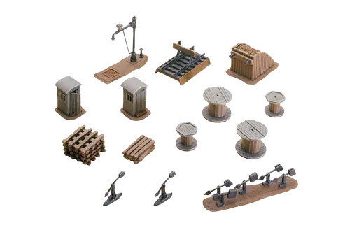 H0 / Faller 120141, Ausschmückungsteile, Wasserkran, Kabelrollen, usw.