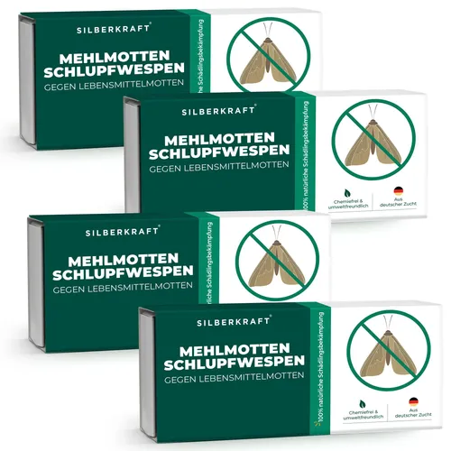SILBERKRAFT Mehlmottenschlupfwespen - Nützliche Haushaltshelfer zur biologischen Bekämpfung von Mottenlarven. Effektiv gegen Mehlmotten und Dörrobstmotten, sicher für Mensch und Tier, ohne Rückstände.