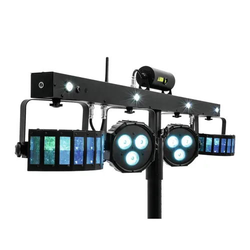 Eurolite LED KLS Laser Bar mit M-3 Boxenhochständer - Licht- & Effekt-Komplettsystem mit 2 Derbys, 2 Spots und Laser. Ideal für mobile Einsätze dank leichtem Design und bis 170 cm ausziehbarem Stativ.