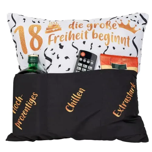 KAMACA Originelles Dekokissen Kissen mit 3 Taschen zum selber Befüllen Größe 43x43 cm tolles Geschenk zum Geburtstag (18. Geburtstag)