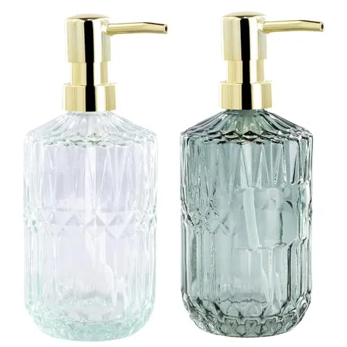 Volumoon Seifenspender Set, 2 Stück Seifenspender Glas, Nachfüllbarer Pumpspender, Elegantes Design, für Geschirrspülmittel, Shampoo-Lotion, Badezimmerarbeitsplatte, Küche, Waschküche