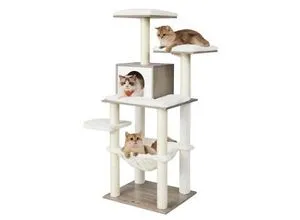 FEANDREA Kratzbaum für Katzen - 5 Ebenen, rustikale Oberfläche - Kratzbaum aus 500 g/m² Plüsch und Holzspanplatte, bietet 5 Ebenen und 3 Liegemulden für ultimativen Komfort und Spielspaß Ihrer Katzen.