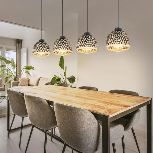 Hängelampe Esstisch Pendelleuchte Boho 4-flammig - Lampen für stilvolles Ambiente, aus hochwertigem Bambus und Metall, Höhenverstellbar für individuelle Lichtgestaltung, ideal für Esszimmer und Wohnzimmer.