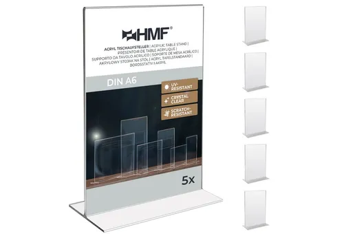 HMF Bilderrahmen Acryl Tischaufsteller DIN A6, Doppelseitiger, für 1 Bilder (5 St), T-Ständer Aufsteller 5 Stück, Hochformat, Glasklar