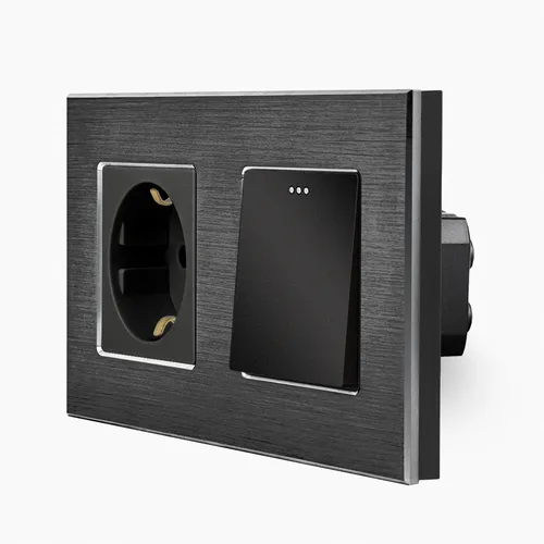 Wippschalter Lichtschalter + Steckdose Schuko Aluminiumrahmen Alu 2Fach Schwarz