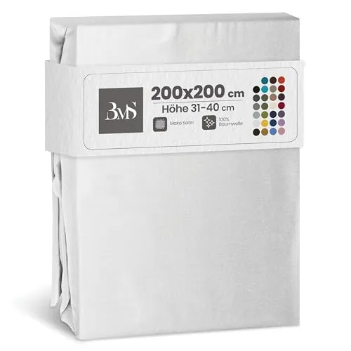 Bettwaesche-mit-Stil Mako Satin Spannbettlaken Spannlaken Spannbetttuch (200x200 cm, Matraztenhöhe Höhe 31-40 cm, Weiß)