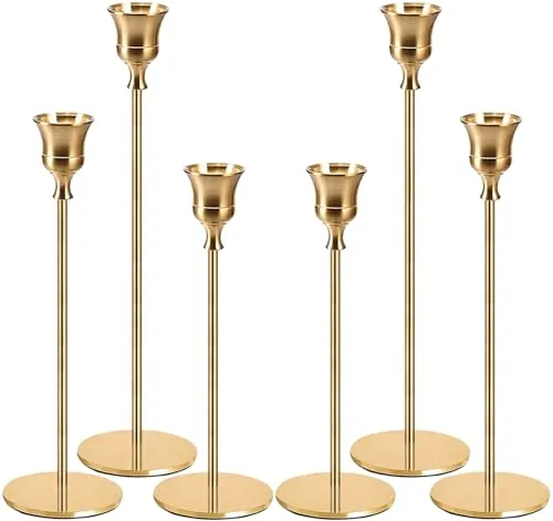FAMKEEP Kerzenständer Gold 6 Set Kerzenhalter Stand Hoch Kerzenleuchter,Dekorativer Vintage Kerzenhalter,Kegelkerzenhalter für Party Hochzeit Deko Tabelle Geburtstag Abendessen Kerzenhalte Gold