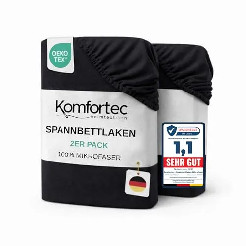 Komfortec Mikrofaser Spannbettlaken 2er Set 90x200 cm – Weiches Spannbetttuch mit Rundumgummi – Fitted Sheet für Matratzen bis 30 cm – Schwarz – Oeko-Tex – Pflegeleicht & Hautfreundlich – 90g/m²