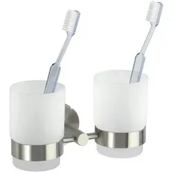 WENKO Zahnputzbecher Duo Bosio - Hochwertige Zahnbecher aus satiniertem Glas, rostfreier mattierter Edelstahl und flexible Montageoptionen