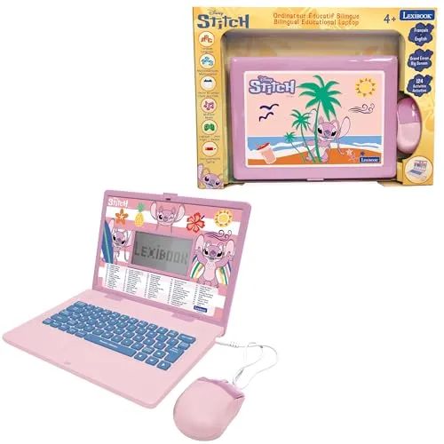 Lexibook, Disney Angel – Stitch, Lern-Laptop, zweisprachig, Französisch, Englisch, 124 Lernaktivitäten, großes Display 5,1 x 9,7 cm, realistische Tastatur und Maus, schlankes Design, JC598D1i1