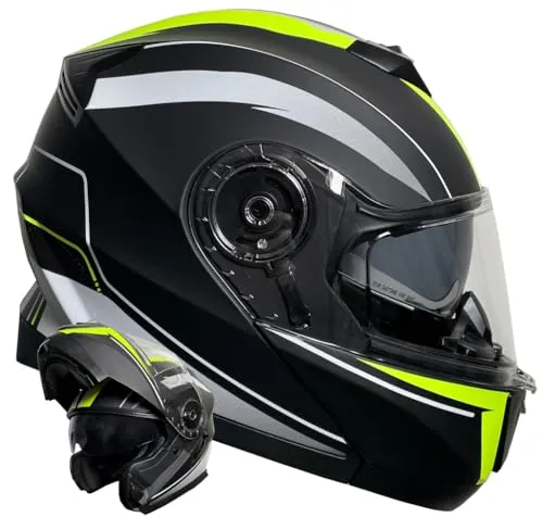 Klapphelm Integralhelm Helm Motorradhelm RALLOX 160 schwarz neon gelb grün matt mit Sonnenblende (S, M, L, XL) Größe L