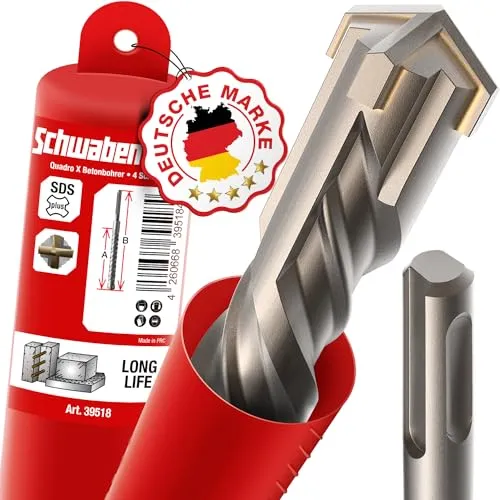 SCHWABENBACH ® SDS Plus Bohrer 12mm x 600mm - Präzises Bohren in Beton - Bohrer für SDS Plus mit 12mm Durchmesser und 600mm Gesamtlänge, extrem robust und langlebig dank Hartmetallspitze - ideal für präzises Bohren in Beton und Stahl.