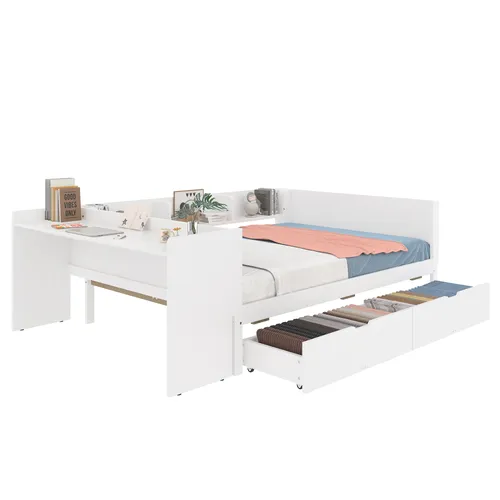 Jugendbett 140x200 cm mit Schubladen, Lattenrost und Schreibtisch - Praktisches Holzbett mit integriertem Schreibtisch und Stauraum. Hohe Stabilität, modernes Design und einfache Montage für ein optimales Jugendzimmer.