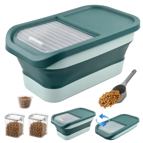 Hundefutter Aufbewahrung,7kg Faltbarer Futterbehälter für Haustiere mit Deckel,2 Vorratsbehälter,1 Messbecher,1 Löffel,Dog Food Container,Futterbox Hund Hundefutterbox für Haustiere Katzen (Grün)