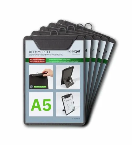 SIGEL KB111/5 Klemmbretter A5, anthrazit, mit Aufstellfunktion, 5er Pack, stabile, stylische Clipboards mit edler Leinenstruktur, strapazierfähig und leicht abwischbar, für Speisekarten