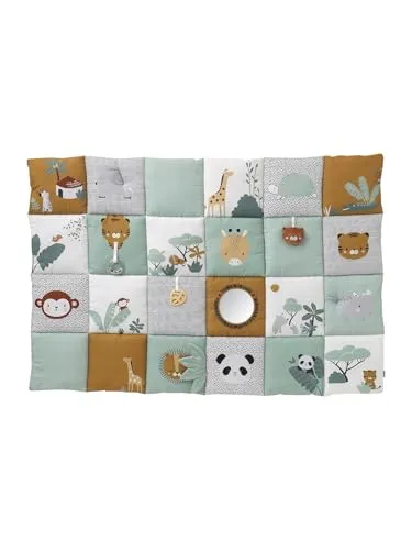 VERTBAUDET Großer Spielteppich mit Activity-Spielzeug für Babys – Patchwork-Design grün - Weicher, gesteppten Spielteppich mit abnehmbarem Spielzeug zur Förderung der sensorischen Entwicklung. Ideal für das Krabbeln und Spielen Ihres Babys.
