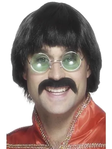 Smiffys 70er Mersey Perücke & Schnurrbart, Schwarz, Kurzer Stil Halloween