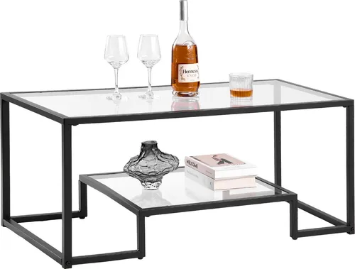 VEVOR Couchtisch Beistelltisch aus gehärtetem Glas, rechteckiger Glastisch mit zwei Ebenen & offenem Stauraum, moderner Kaffeetisch aus Metallgestell für Wohnzimmer Büro 100 x 51 x 46 cm Schwarz