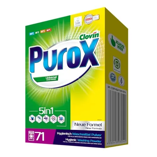 PUROX UNIVERSAL Waschpulver im Karton (71 Waschladungen) – Waschmittel für alle Textilien, entfernt Flecken, umweltfreundlich, schutz vor Kalkablagerungen, 5 kg