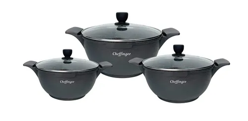 Cheffinger Kochtopfset 6-tlg - Induktion Alu Guss Schwarz - Kochtöpfe für Gas, Elektro und Induktion, mit kratzfester, antihaft Beschichtung für müheloses Kochen und einfaches Reinigen.