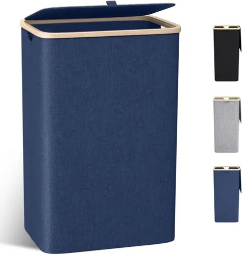 Wäschekorb mit Deckel Groß, 100L Wäschesammler schmal mit herausnehmbaren Wäschesack Laundry Baskets Wäscheschrank Wäschetruhe Wäschetonne für Schmutzwäsche Marineblau