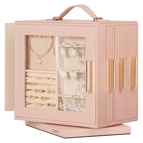 Seelux Schmuckkästchen 360° drehbar, Schmuck Organizer mit transparentem Fenster, Spiegel, 15 Schubladen, großes aufbewahrungsetui für Mädchen und Frauen (Pfirsichrosa)