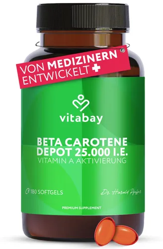 Vitabay Beta Carotin Bräunungskapseln Hochdosiert 25.000 I.E. Depot – 180 Softgels – Natürlich aus Dunaliella salina Alge – Provitamin A – Vegan, Labor – Vorrat für 18 Monate