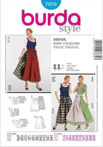 Burda Schnittmuster 7870 Dirndl,Traje Tiroles Gr. 38-56 von burdastyle