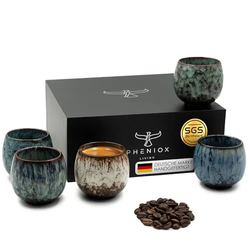 Pheniox | Espressotassen Set Tibet Mini | 5-teilig | 100 ml | hochwertige Tassen aus Steingut | ohne Henkel | spülmaschinenfest | Espresso | Mokka | Gewürzbecher | Geschenk in modernem Design