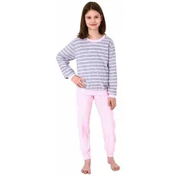 Normann Pyjama Mädchen Frottee Pyjama lang mit Bündchen Schlafanzug mit Herz Motiv grau 170-176
