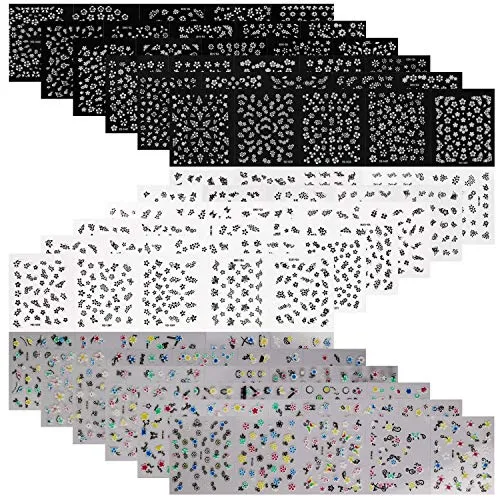 Mwoot 2500+ Entwürfe (90 Blätter) Blumen Aufkleber, Weiß Schwarz Bunt 3D Nagel Sticker Selbstklebende Aufkleber Nail Art Decals Set für Frau Maniküre Dekoration