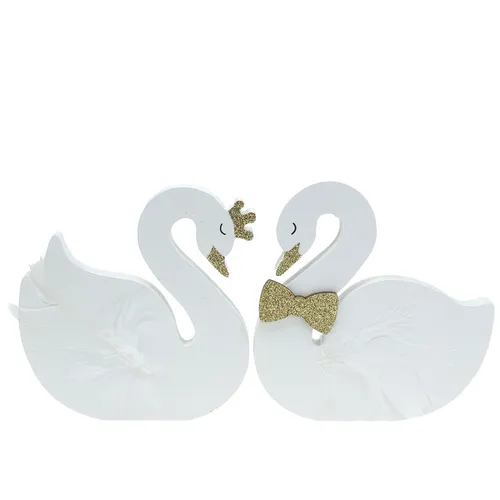 Deko-Schwäne Hochzeit Holz Weiß Gold Krone Fliege 12x13cm 2er Set