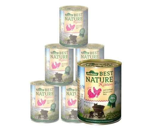 Dehner Best Nature Katzenfutter Kitten, Nassfutter, für junge Katzen, Geflügelherzen / Reis, 6 x 400 g Dose (2.4 kg)