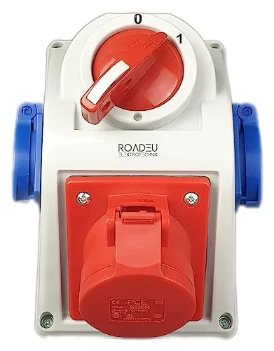 RoadEu Stromverteiler 16A, Aufputzsteckdose mit CEE Steckdose 16A und 2x Schuko Steckdose 230V. Wandverteiler mit Integrierter Hauptschalter 0-1 und Blockade. Europäische Komponenten