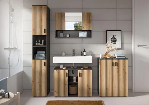xonox.home Badkombination Mone – 4-tlg. Set in Basalt und Artisan Oak - Moderne Badezimmermöbel, 4-tlg. Badkombination Mone, kompakt und funktional mit viel Stauraum. Zeitloses Design, pflegeleicht und nassraumgeeignet – ideal für jedes Badezimmer.