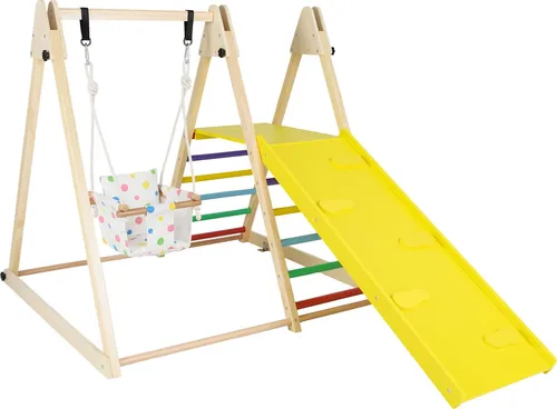 COSTWAY 4 in 1 Indoor Klettergerüst mit Babyschaukel - Multifunktionales Kletterset mit Babyschaukel, Ruheplattform und Kletterrampe. Fördert spielerisch die motorischen Fähigkeiten von Kindern ab 1 Jahr und bietet sicheren Spaß dank stabiler Konstruktion aus Massivholz.