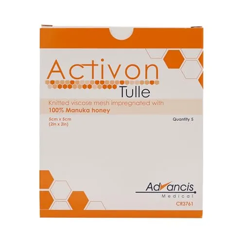 Activon Tulle 5 x 5 cm - Wundgaze mit Manuka-Honig - Wundgaze & -verbände, nicht haftend und fördert die Wundheilung durch medizinischen Manuka-Honig, ideal für komplizierte Wundoberflächen.