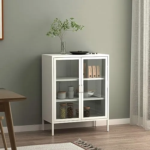 [en.casa] Sideboard Fauske - Eleganter Wohnzimmerschrank mit Glastüren - Kommoden & Sideboards: Hochwertiges Sideboard aus Stahl mit 2 Glastüren für stilvolle Präsentation und clevere Organisation Ihrer Lieblingsstücke.