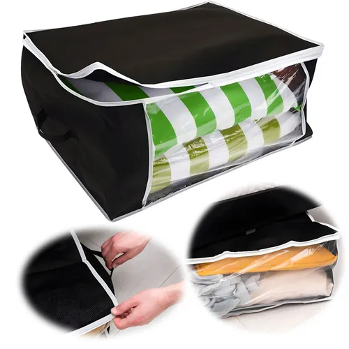 LS-LebenStil XL Unterbettkommode Schwarz 60cm Unterbettbox Aufbewahrungsbox Vlies-Stoff Aufbewahrungstasche Bettdecken Kleidung faltbar Sichtfenster